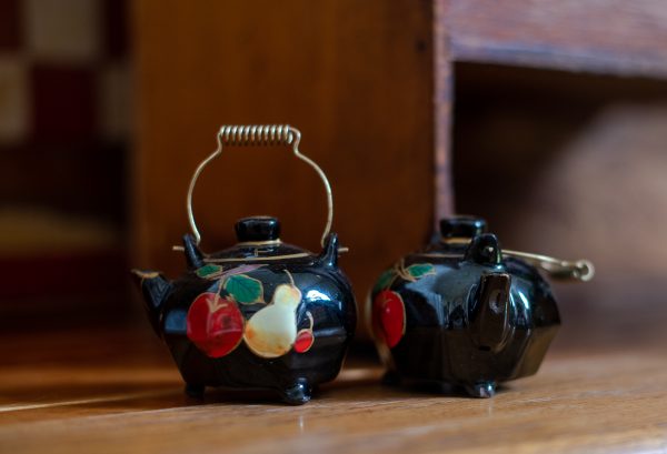 Vintage Salt and Pepper Shakers - Black tea pots with hand painted fruit