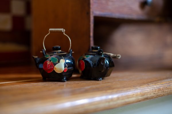 Vintage Salt and Pepper Shakers - Black tea pots with hand painted fruit