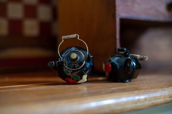 Vintage Salt and Pepper Shakers - Black tea pots with hand painted fruit