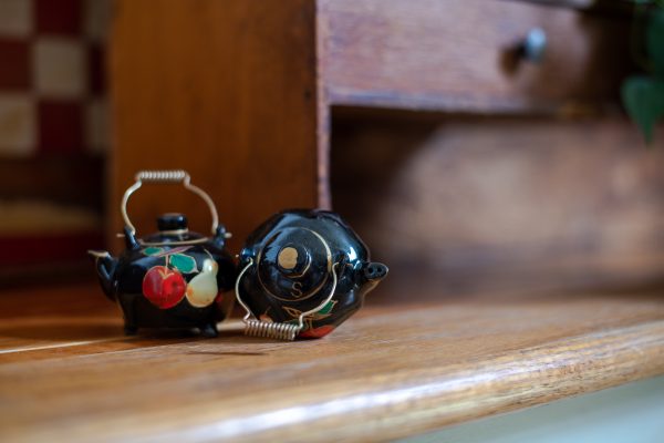 Vintage Salt and Pepper Shakers - Black tea pots with hand painted fruit