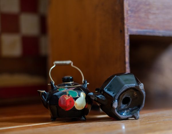 Vintage Salt and Pepper Shakers - Black tea pots with hand painted fruit