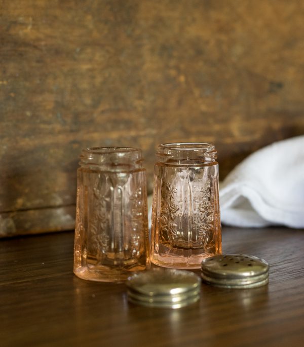 1930's Pink Depression - salt and pepper shakers - Pink “Sharon” Cabbage ROSE glass