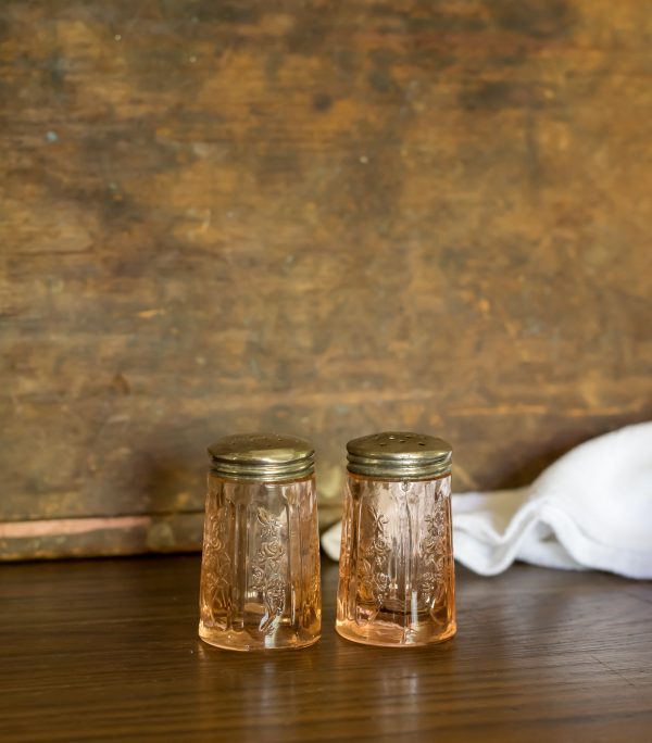 1930's Pink Depression - salt and pepper shakers - Pink “Sharon” Cabbage ROSE glass